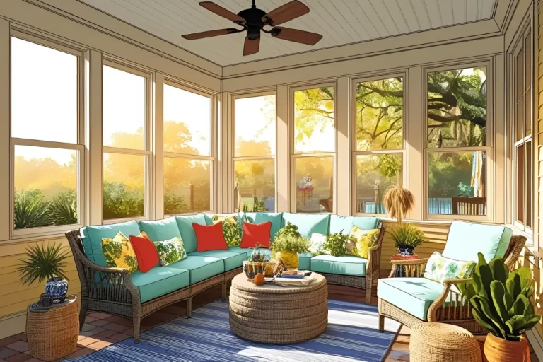 Bright sunroom with a large, L-shaped wicker sofa adorned with teal cushions and red pillows. A round wicker table sits on a blue-striped rug. Large windows showcase a sunlit outdoor view.