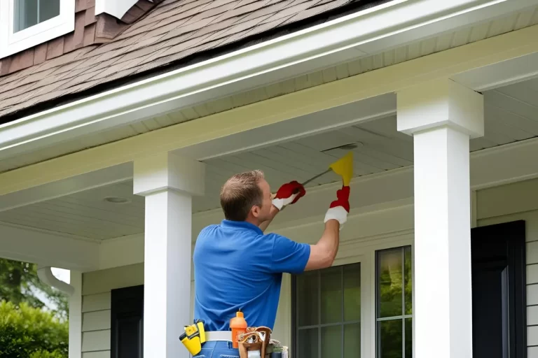 A person in work gloves and a blue shirt cleans an exterior light fixture on a house porch, using a tool and a cloth.