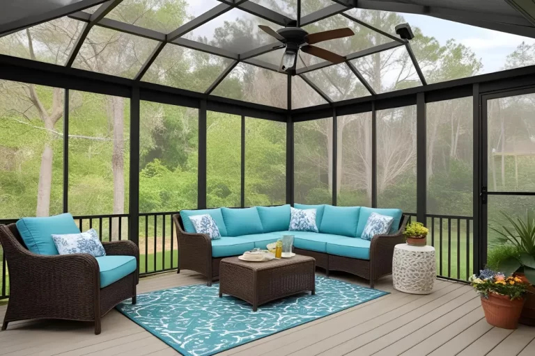 Screened-in porch with a teal sectional sofa, wicker chairs, a patterned rug, and a ceiling fan. The porch overlooks a wooded area, and there are potted plants and a small table.